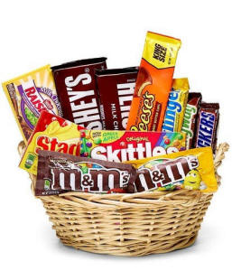 A gift basket filled with popular and name brand candy