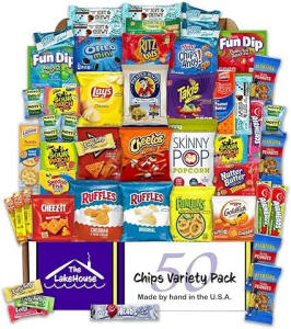 50-count chips snack care package with assorted single-serve bags of potato chips and snacks
