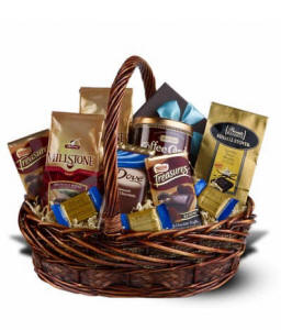 Coffee and chocolate gift basket with snacks