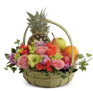 Fruit and flowers gift basket with fresh seasonal fruit and a matching floral bouquet for same-day delivery