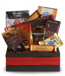A gift box filled with gourmet coffee and chocolate