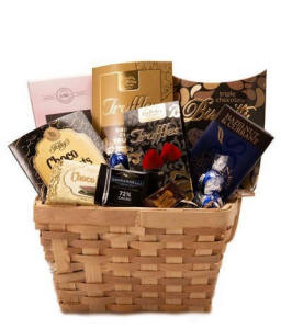 A chocolate gift basket filled with premium treats